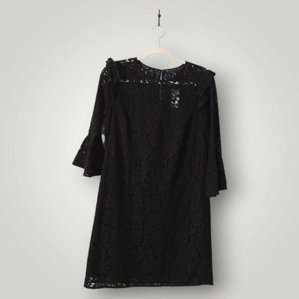 Ann Taylor Black Lace Illusion Shift Dress 4 Bell Sleeve Ruffle Shoulder New - Picture 2 of 10